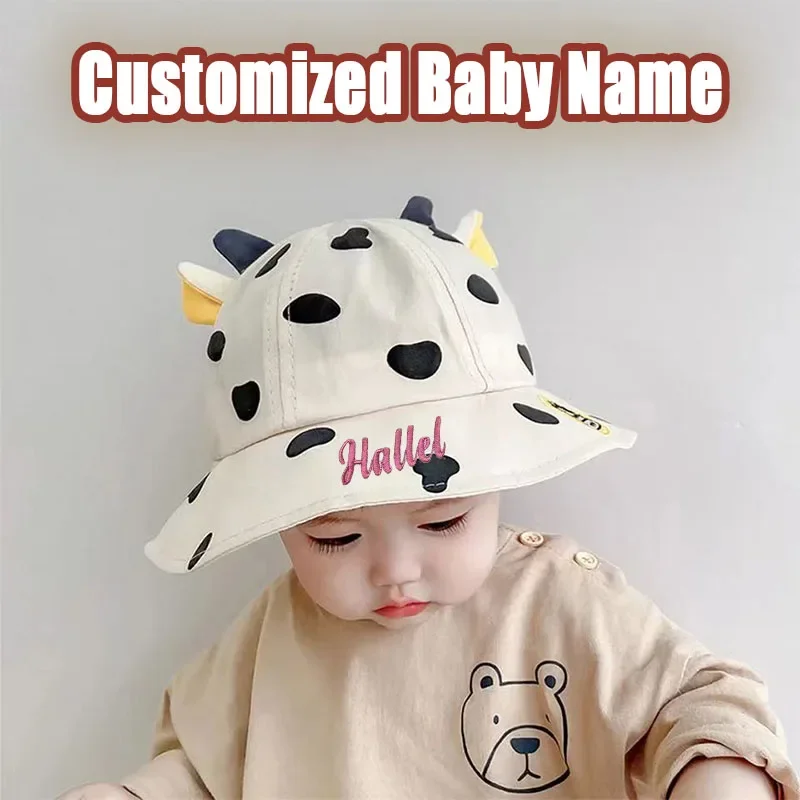 

Personalized Custom Baby With Name Kids Bucket Hat Cotton Sun Hat Cow Shape Baby Cap Thin Fisherman Hat For Children 8-16M Gift