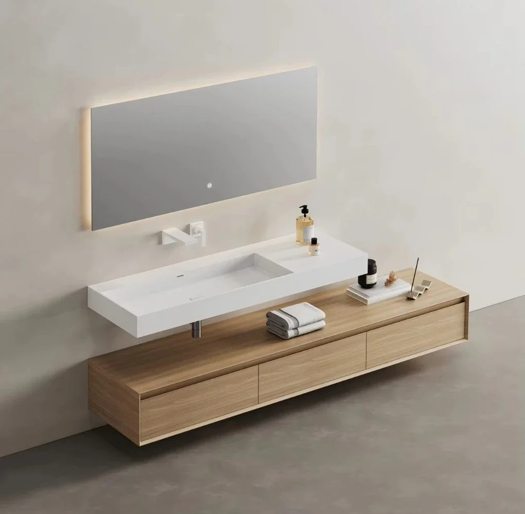 Modern One-Piece Stone Basin Smart Mirror LED Wall-Mounted Hotel Bathroom Vanity Cabinet with Customized Size