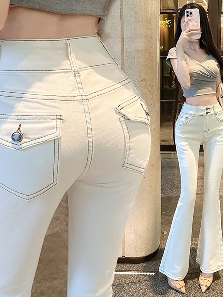 

Джинсы с высокой талией и расклешенными штанинами, двойной пояс, повседневные, на молнии, длинные брюки, эффект похудения, корейский стиль, летняя новинка