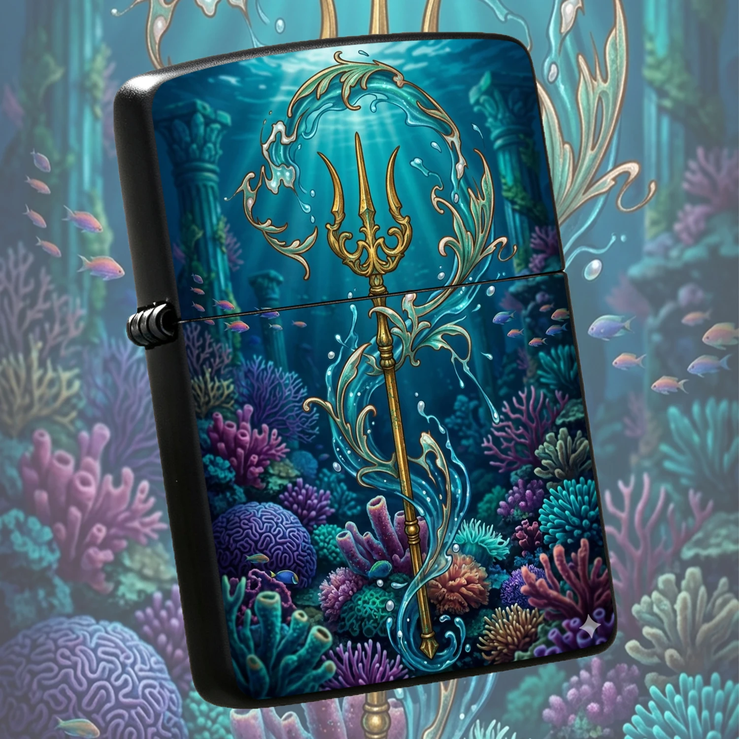 Vintage Poseidon Trident Themed Lighter Underwater Ruins Coral Scene Decorative Accessory Portable Exquisite Stylish Everyday Carry Piece Unique Subtle Atmospheric Gift For Gifting Daily Casual Scenes A Humorous And Interesting Lighter