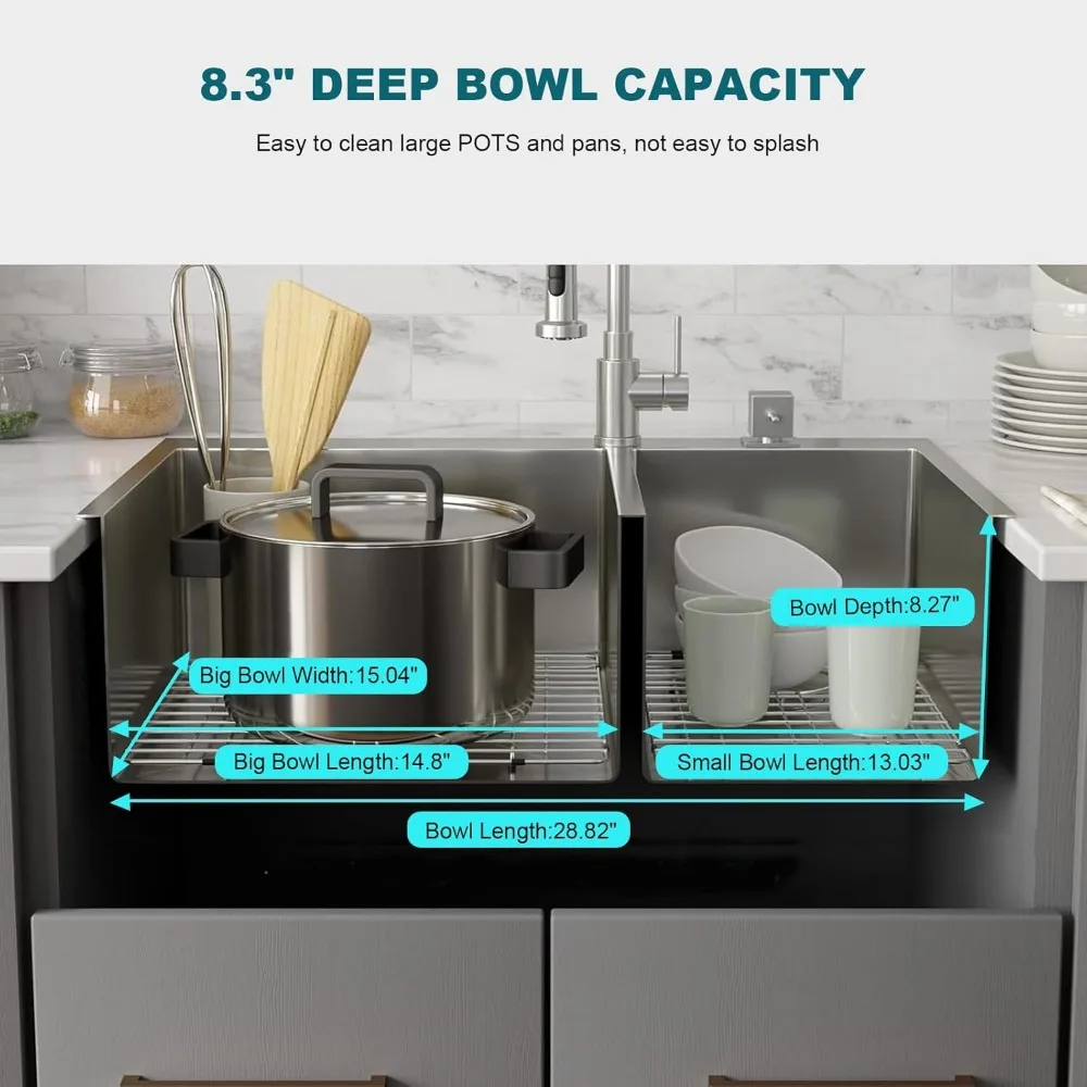 حوض مطبخ مزدوج من الفولاذ المقاوم للصدأ، 30.7 × 16.9 بوصة، مطلي بالنانو، قابل للسقوط والتركيب العلوي، مع أنابيب الصرف