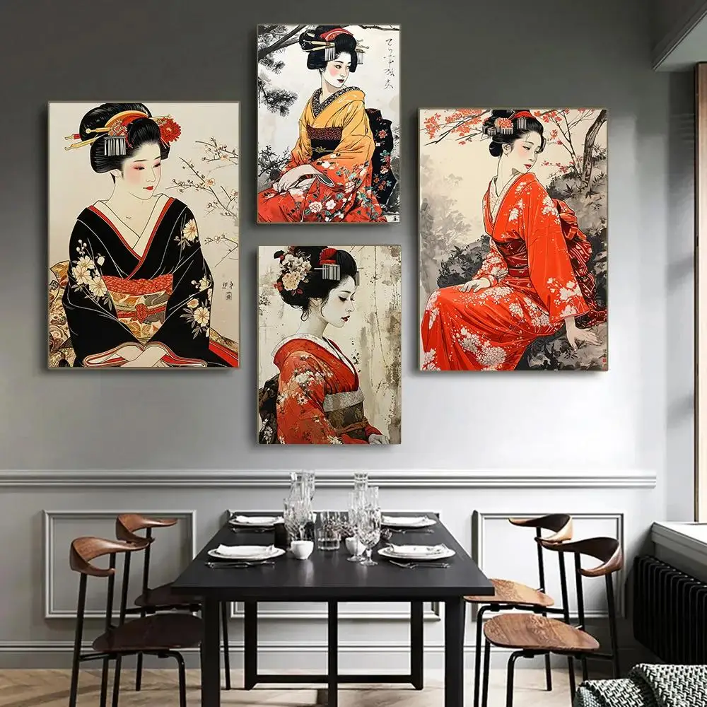 Elegant Kimono Geisha Canvas Wall Art  Japanese Inspired Home Decor Piece Interior Painting for Living Room Bedroom Office  Wall
