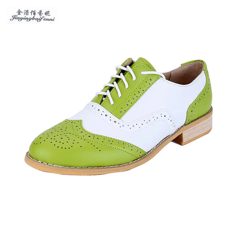 Women\'s Shoes Green White Genuine Leather Shoes Women\'s Custom Handmade Oxford Shoes Flat Heeled Women\'s Footwear