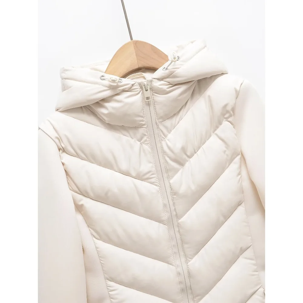 Women's Combination Quilted Jackets with Adjustable Drawstring Hood Classic Winter High Collar and Long Sleeves Zippered Jackets