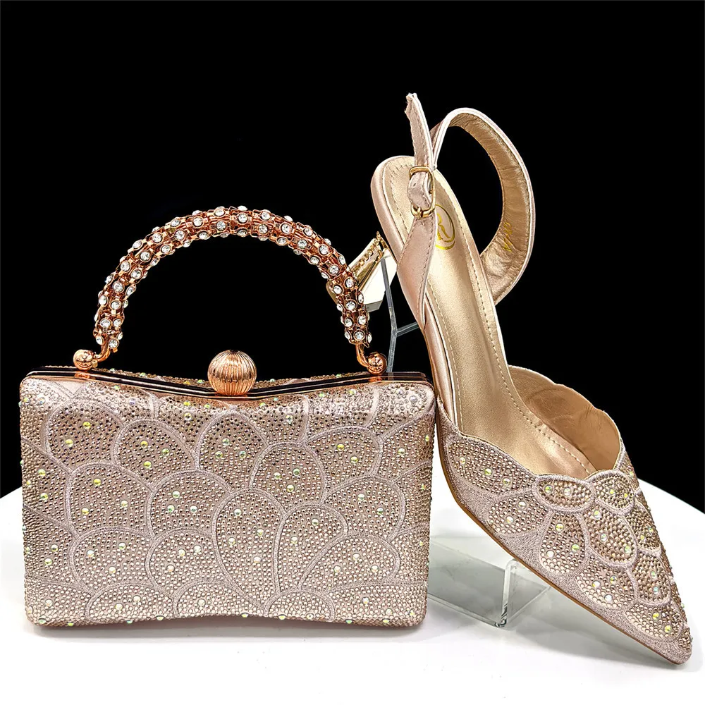 Newest Ladies Shoes and Bag Sequins Excellent Full Diamond Handmade Flower Decoration Party Shoes Champagne Color