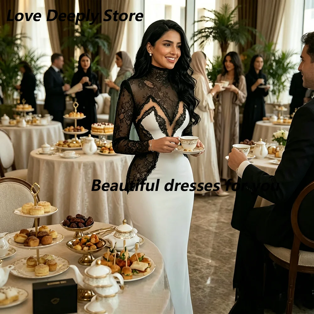 Elegant Party Dresses for Woman Customized High Neck Lace Long Sleeves Evening Gown Illusion Mermaid Dubai Prom Dresses