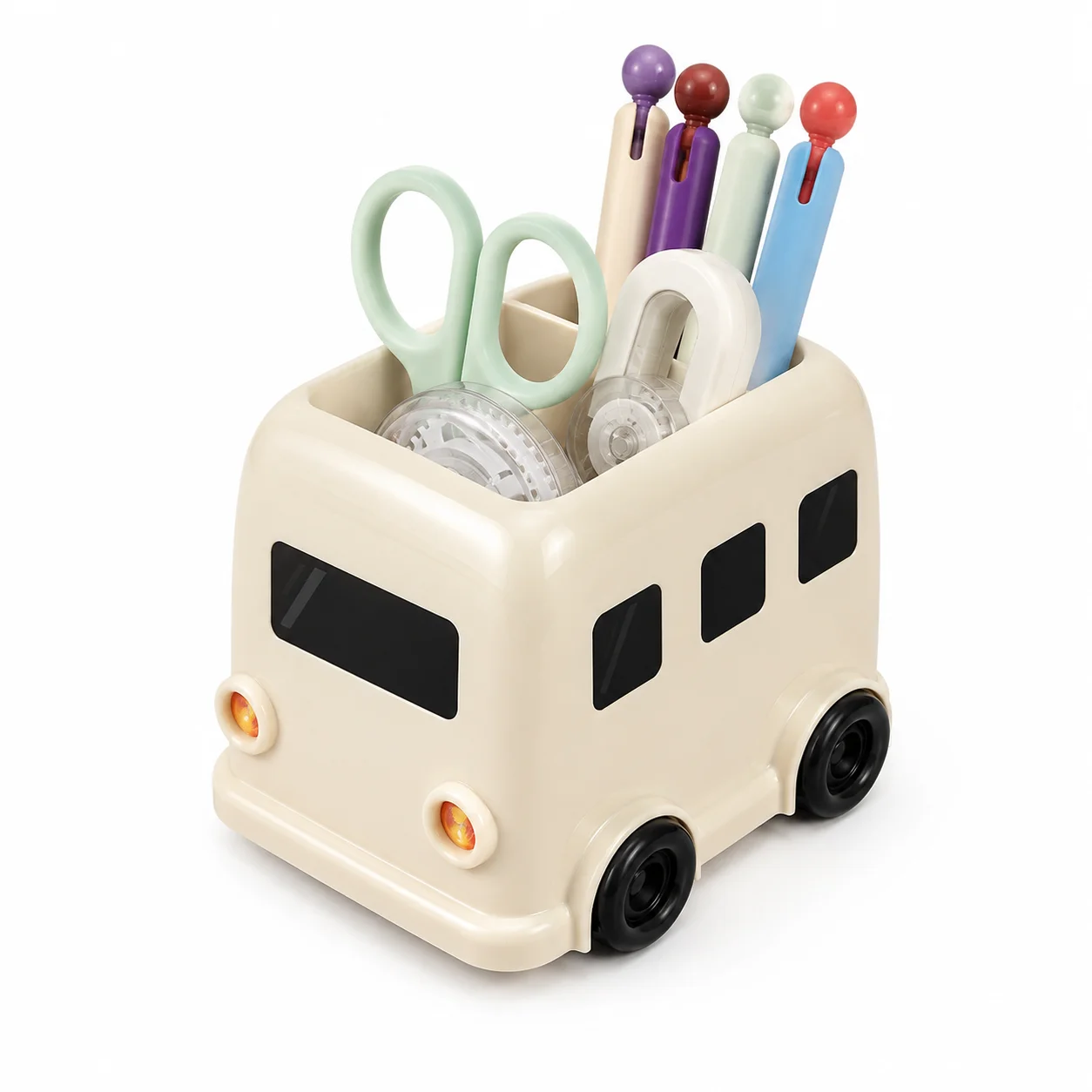 Cute Bus Shaped Pen Holder Multi-Compartment Desktop Organizer Pencil Cup Stationery Storage Box for Office School Desk