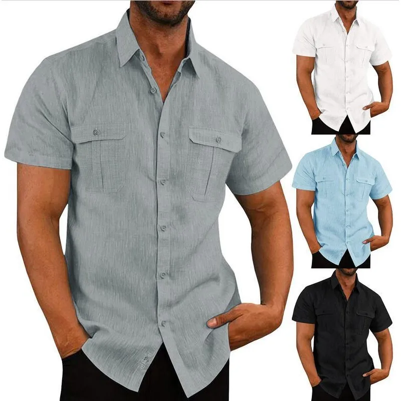 Men's Double Pocket Linen Shirt Casual Short Sleeve  Neck Thickened Autumn Spring Fashion Wide Fit Nine Points Sleeve