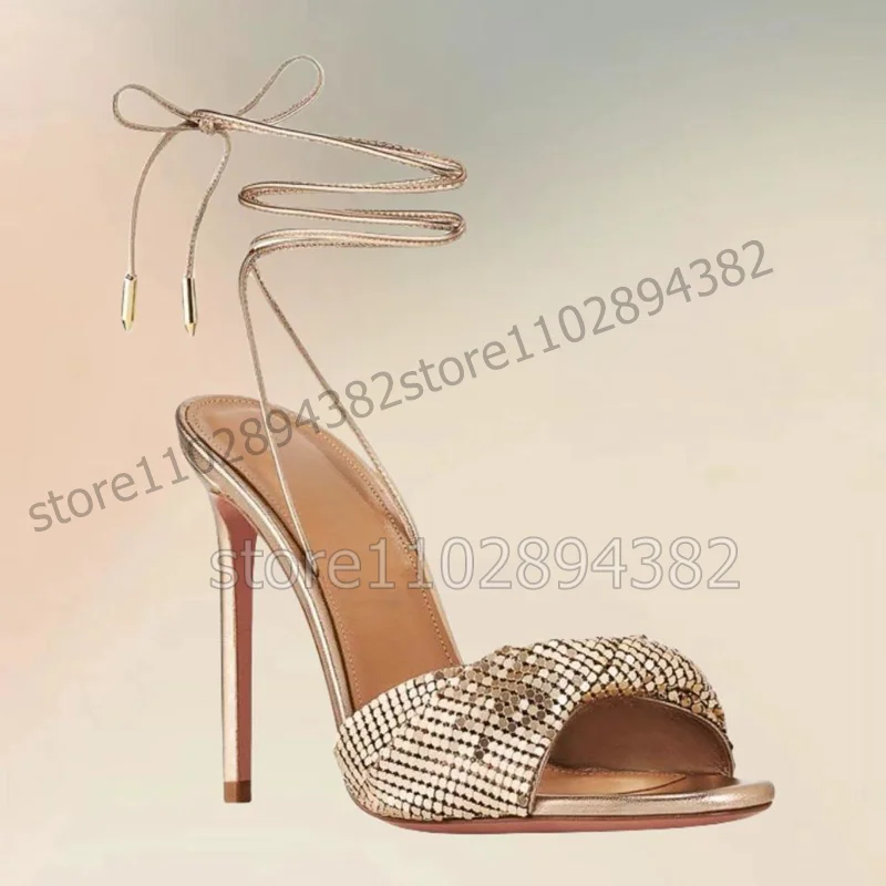 

Gold Sequins Decor Open Toe Cut Heel Twine Sandals Back Strap Women Shoes Thin High Heels Fashion Party 2023 Zapatos Para Mujere