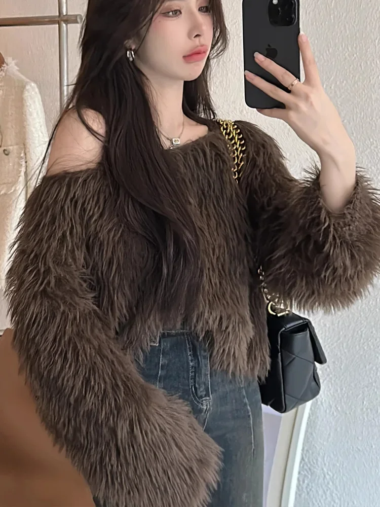 가을 겨울 여성용 긴 소매 오프 숄더 퍼지 스웨터, 푹신한 크롭 풀오버 Y2K 엣지 파티 패션