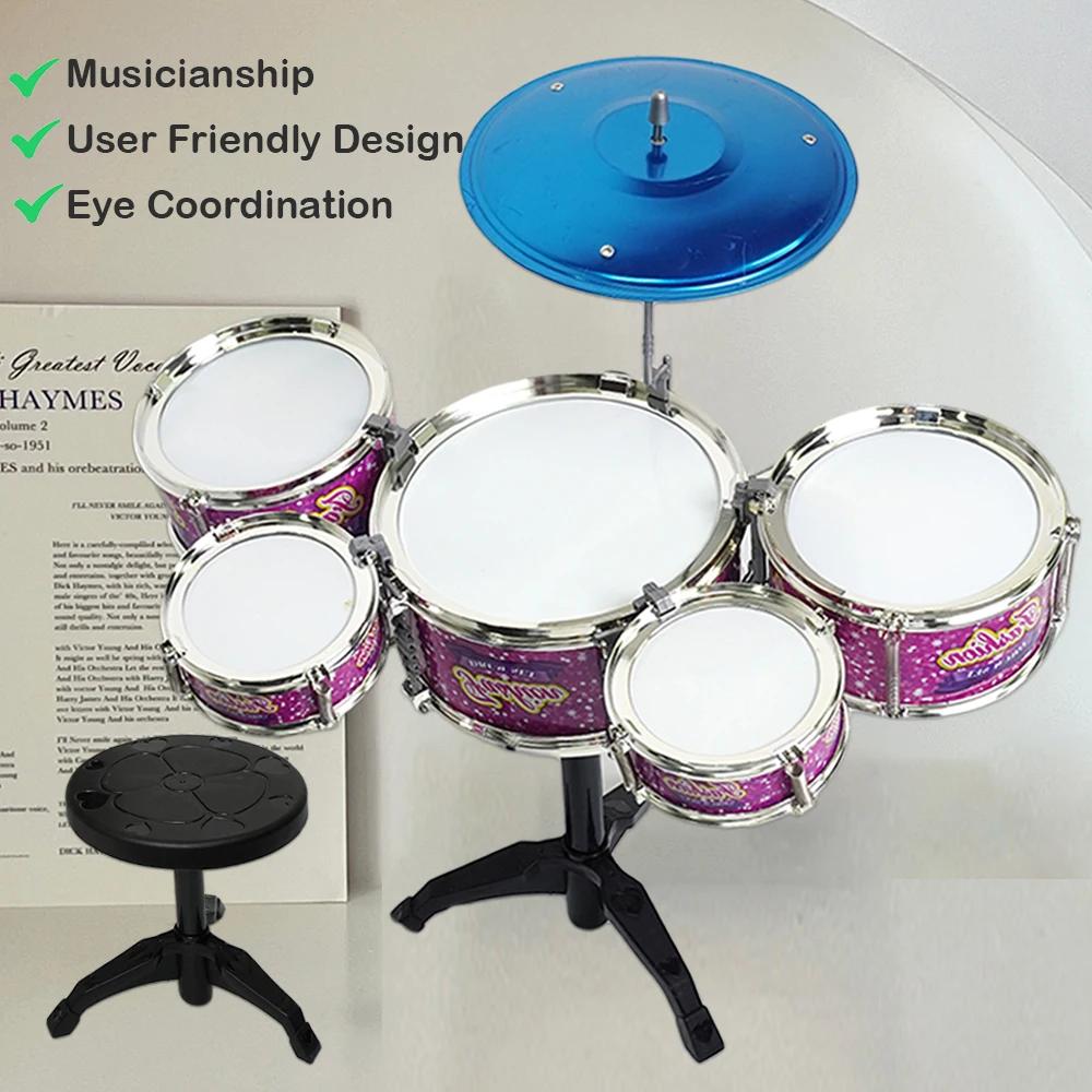 Jazz Drum Set Kids 5 Drums With Small Stool Drum Stick Set Desktop Music Instrument Educational Toy Beginners Baby Gifts