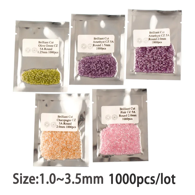 Corte Redondo Brilhante Cubic Zirconia Gems para Fazer Jóias, Pedras Soltas, DIY, 0.8-3.0mm, AAAAA CZ, 12 Cores, 1000Pcs por Saco