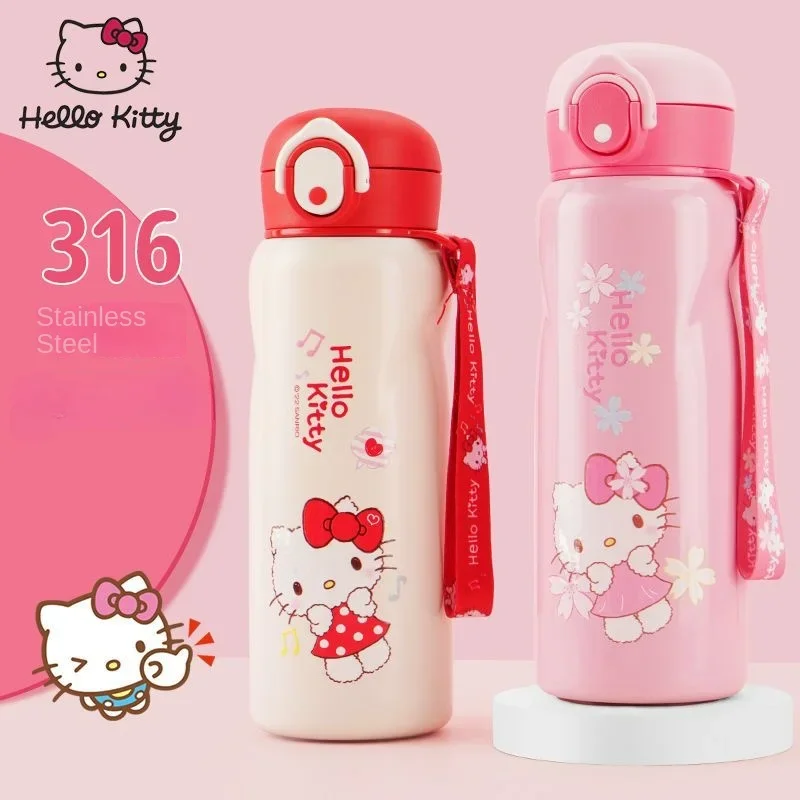 Sanrio Cartoon Hello Kitty Animation Children's Baby Thermos Bouncing Water Cup Cute Portable 316 Stainless Steel Kawaii Outdoor