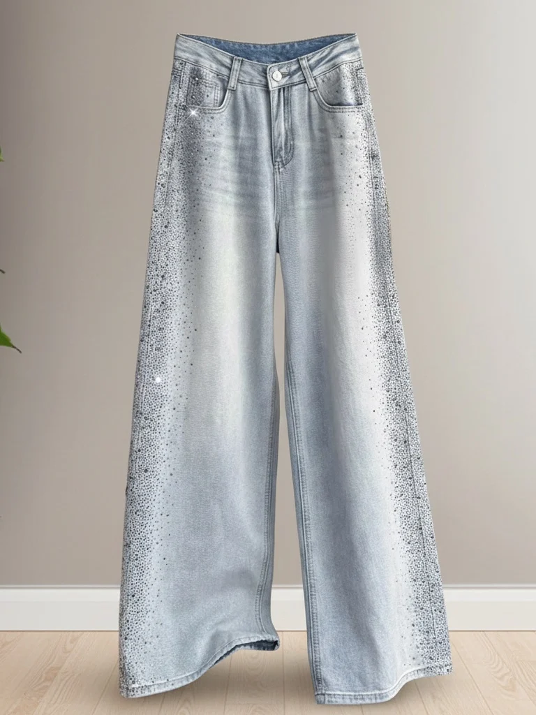 

iny Diamond Embellied Wide Leg Jeans High Waist Straight Cut Slimming Spring Faionable Women's Casual Denim Pants
