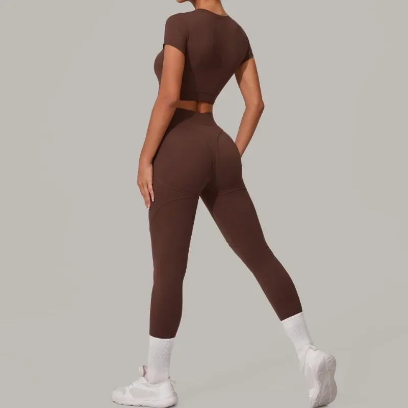 Gym Workout Yoga Fitness Sports Suit Short-sleeved Top Padded-free High-waisted Hip-lifting Trousers Outdoors Leisure Sportswear