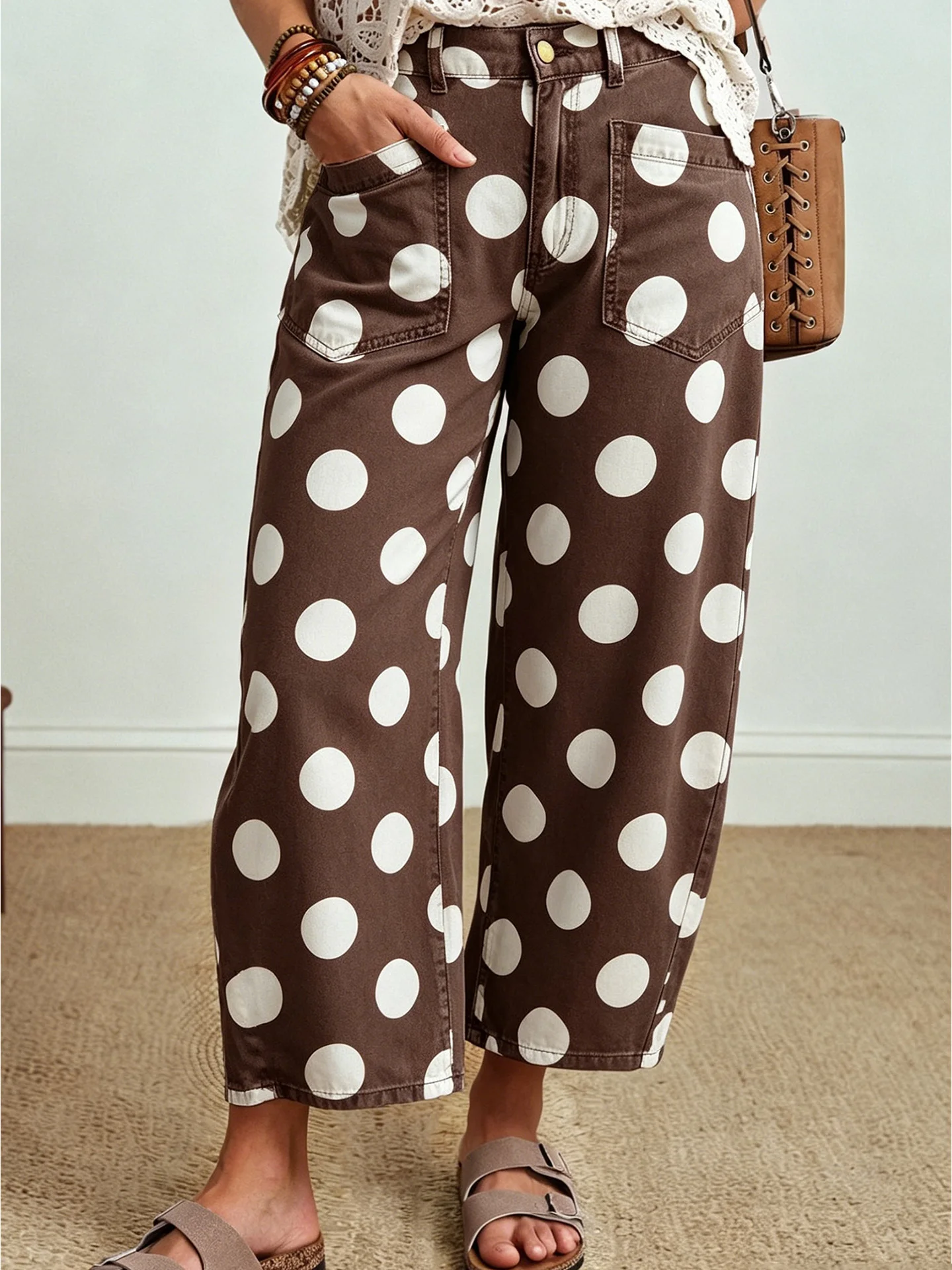 DearLover Polka Dot Print High Waist Loose Women's Jeans Casual Cotton Straight Leg Trousers with Big Pockets for Spring Autumn