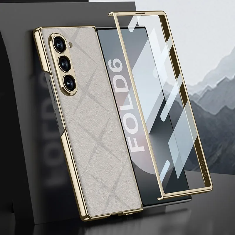 

GKK Plain Leather Plating Case For Samsung Galaxy Z Fold 6 Outer Screen Glass Lens Protective Hard Cover For Galaxy Z Fold6 Case