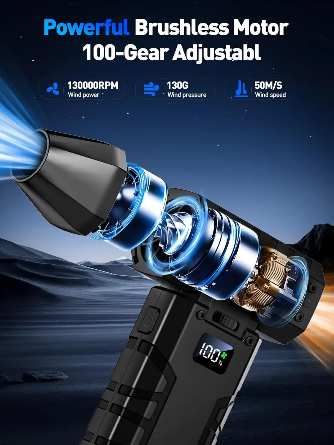 منفاخ هواء مضغوط 130K RPM منفاخ كهربائي لاسلكي مع ضوء LED، قابل للتعديل وقابل لإعادة الشحن للوحة المفاتيح والإلكترونيات والسيارة