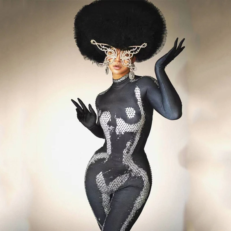Bar club nocturno Ds Dj escenario Gogo traje Retro de manga larga mono con diamantes de imitación mujeres rendimiento disfraz de Reina Drago XS7649