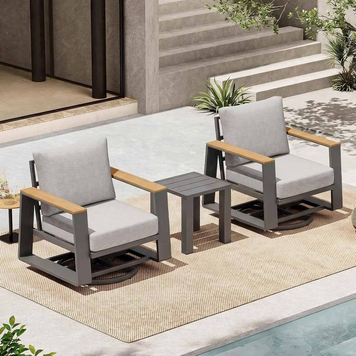 Outdoor Swivel Patio Chair Set 3 Aluminum Conversation Furniture Side Table Wider Seat High Back Bistro Gray, Customized