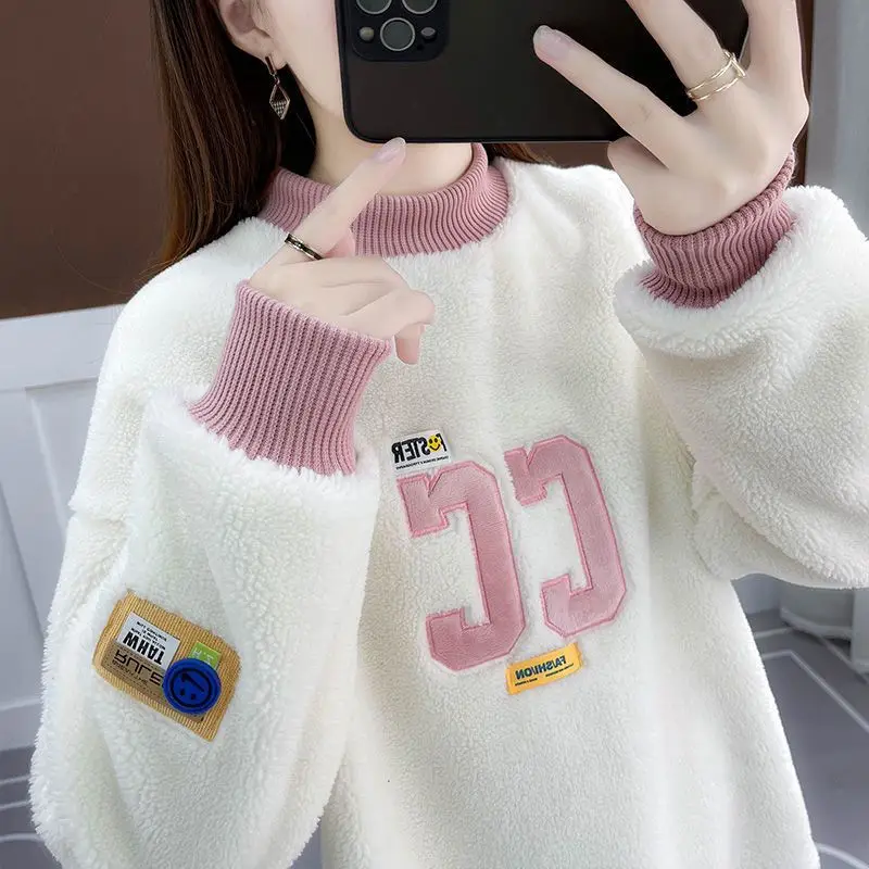 Sweet Stand Collar Spliced Embroidery Sweatshirts Female Clothing 2023 Winter Loose All-match Pullovers Tops Casual Sweatshirts