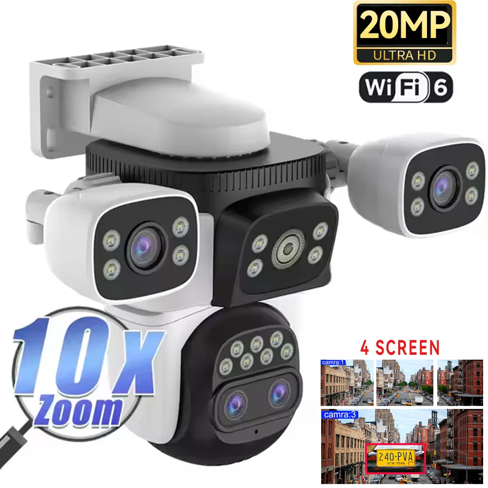 자동 추적 CCTV 비디오 카메라, 와이파이 카메라, 10K, 4 렌즈, 20MP, 4 화면, 광학 10X 줌, 360 ° 감시 보안 카메라 