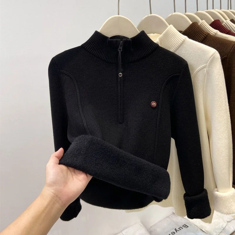 

Корейский классический тонкий вязаный свитер, женский толстый теплый пуловер на молнии с длинными рукавами, флисовый винтажный простой однотонный повседневный топ Y2K