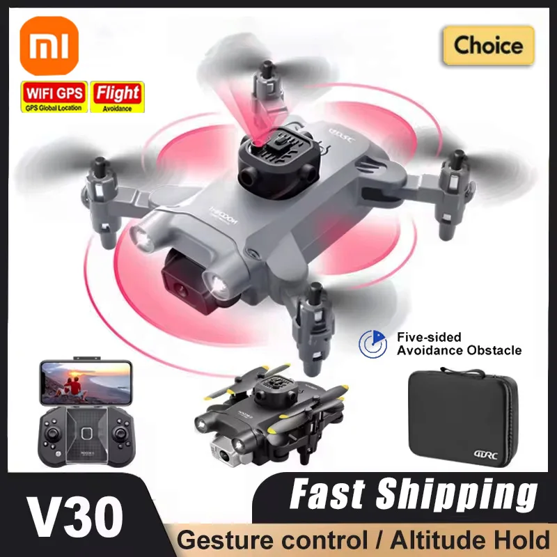 Xiaomi-V30 Mini Drone com Câmera HD, FPV RC Drones, Profissional, Cinco Lados, Evitar Obstáculos, Helicóptero, Brinquedo, Novo, 8K, 1080P