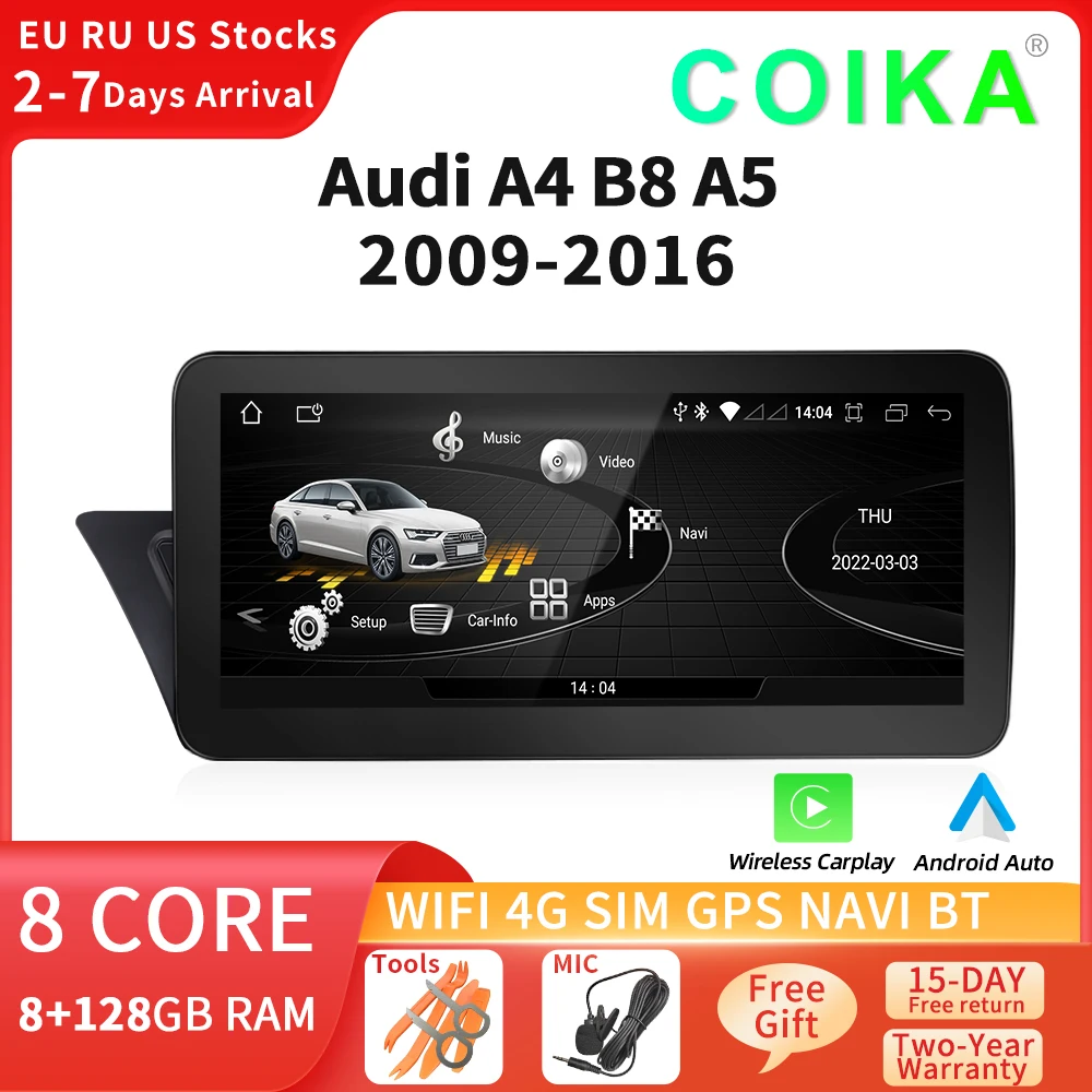 COIKA 10.25 Android Car Carplay Stereo For Audi A4 S4 A5 S5 2009-2016 WIFI 4G SIM BT GPS Navigation Auto Multimedia Player