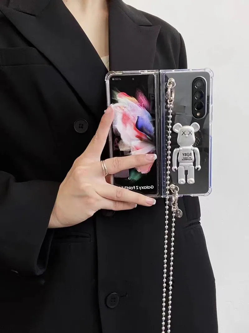 

Luxury Metal Crossbody Lanyard Chain Case For Samsung Galaxy Z Fold 5 ZFold 4 ZFold 3 Bear Bracket Shockproof Cover
