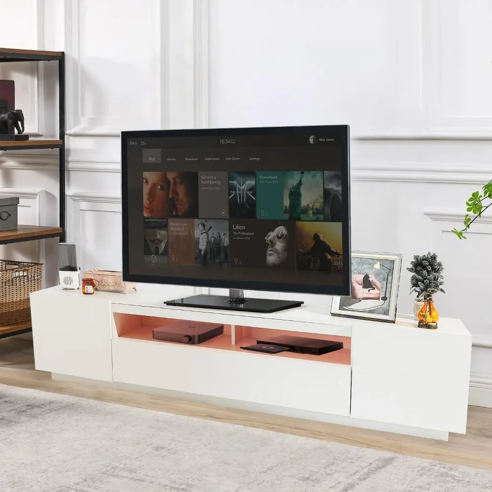 حامل تلفزيون LED، حامل ترفيهي كبير للتلفزيون حتى 80 بوصة، خزانة تلفزيون مع أرفف تخزين، وحدة تحكم تلفزيون قوية