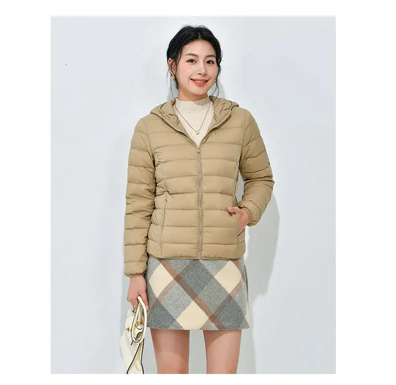 Women's Lightweight Casual Hooded Down Jacket Autumn Winter Minimalist Short Down Coats Female Solid Color Zipper Warm Outerwear