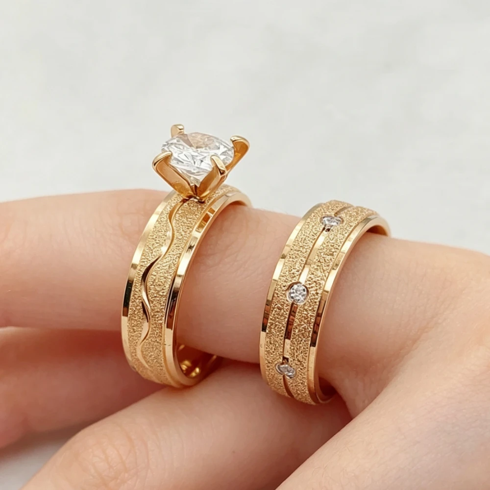 2pcs Hers Matching Love Couple Rings 18K Rose Golden Plated Wedding Bands With Cubic Zirconia Engagement Promise Jewelry Women