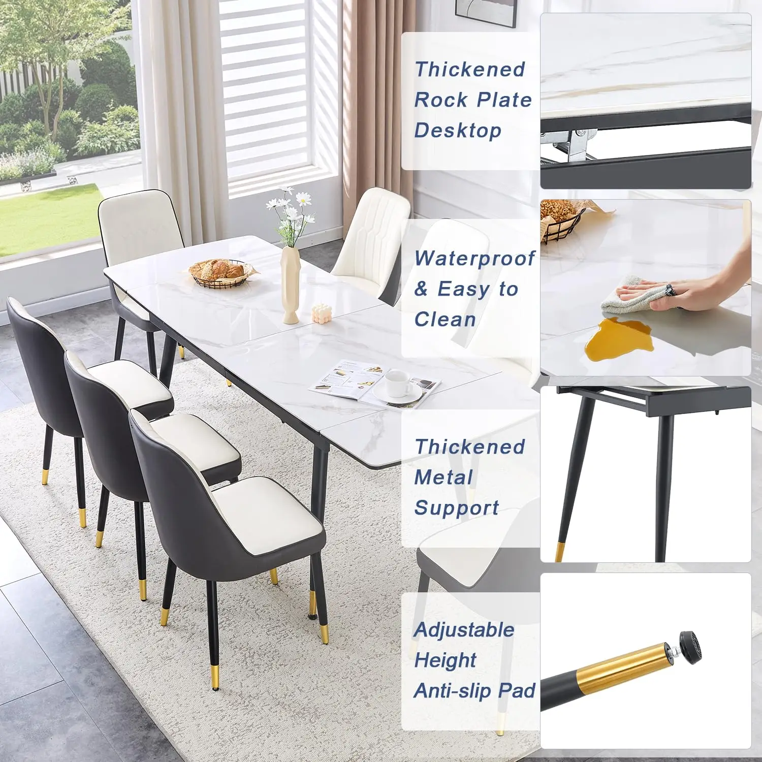 79" Extendable Dining Table Set for 8, Faux Marble Dining Table with Chairs