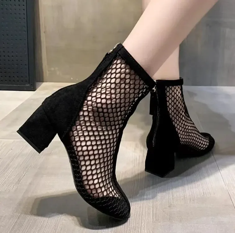 2024 New Air Mesh Net Bling Women Shoes Summer Ankle Boots Thin High Heels Sexy Sandal Chelsea Boots Female