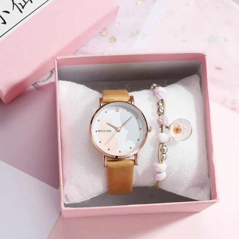 New Women Watches Cat Pattern Quartz Wristwatch for Children Girls Watch Leather Cute Cartoon Fashion Clock Relogio Montre