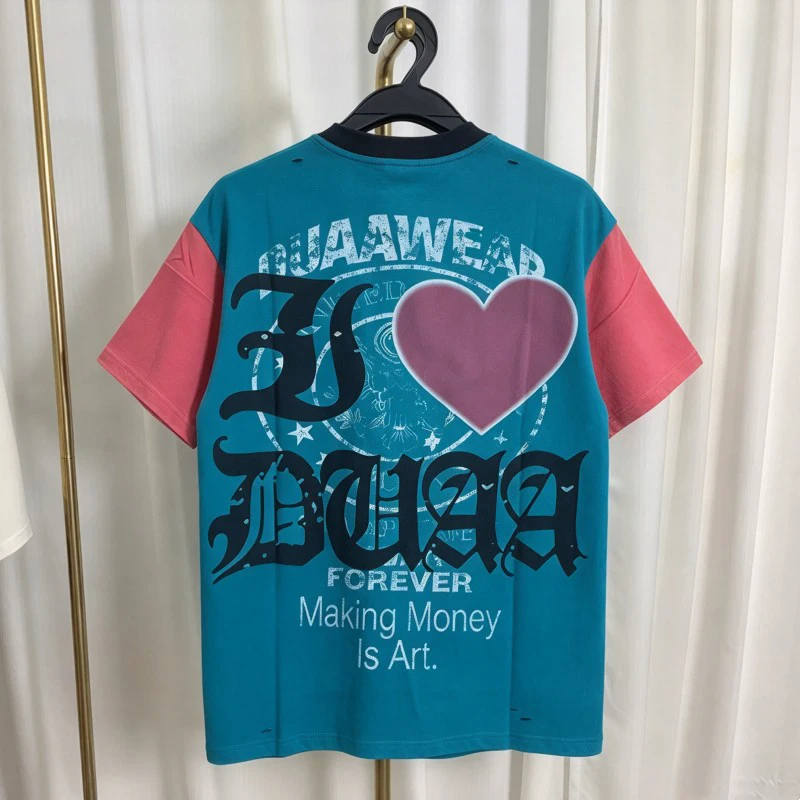 Blue Red Contrasting Short Sleeves Graffiti Faded Letters Heart Rhinestone DUAA Tshirts Making Money Is Art Washed Hole Tee Men