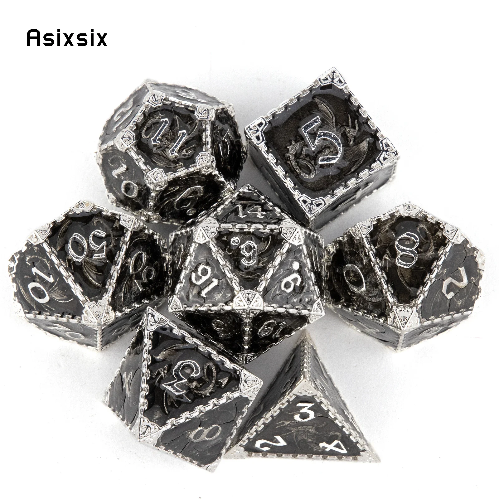 

7 Pcs Black White Dragon Metal Dice Solid Metal Polyhedral Dice Set Suitable for Role-Playing RPG Board Game Card Game