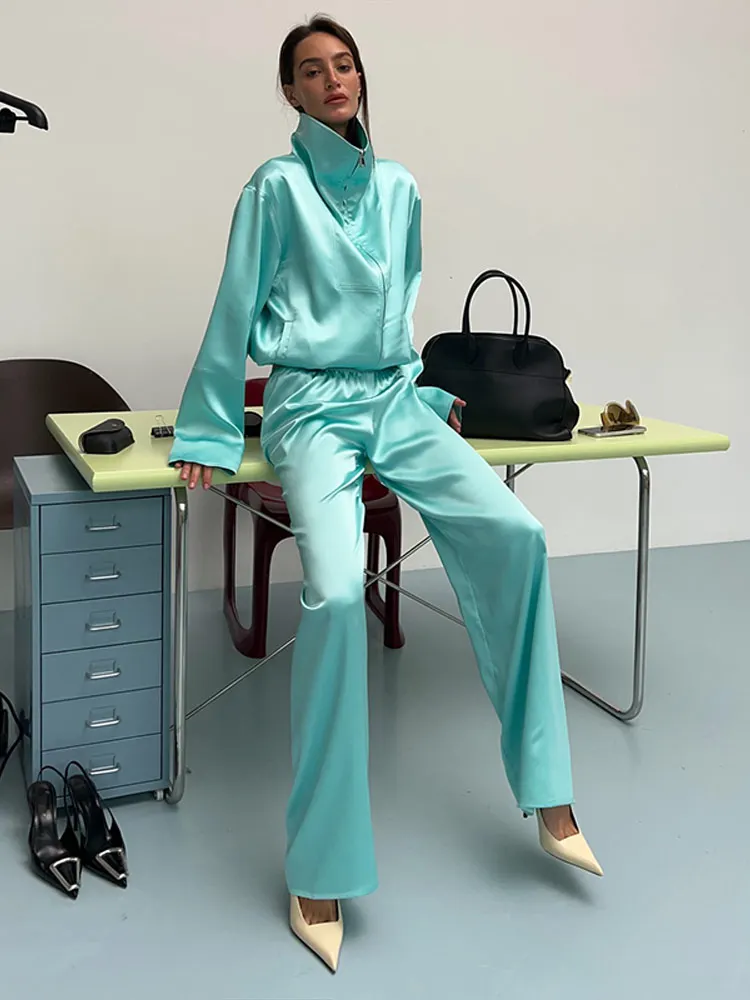 Glossy Satin 2 Piece Pants Sets Women Stand Collar Zip Long Sleeve Jacket Elastic Waist Wide Leg Pants 2026 All-matching Outfits