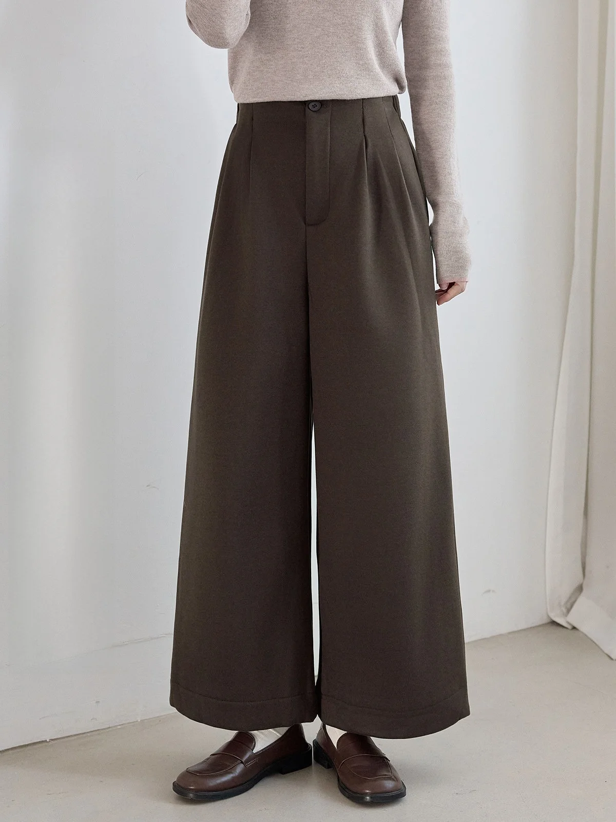 

Женские повседневные брюки с высокой талией на флисовой подкладке, коричневые широкие брюки, зимние новые утепленные брюки с эффектом похудения, повседневные брюки