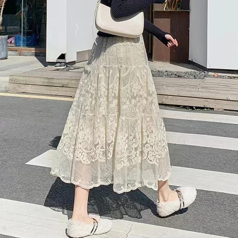 Embroidered Flower Lace Skirt Spring Summer Women High Waist Boho Beach Long Skirts Vintage Pletaed Gauze Skirt Sweet Beige L622