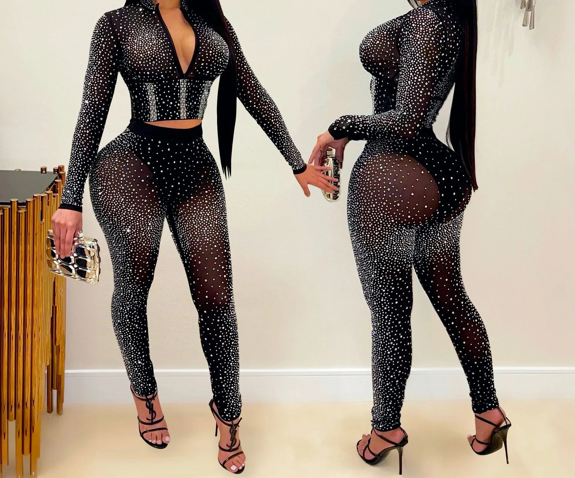 Sexy Two Piece Sets Womens Outifits Streetwear 2023 Autumn Winter Fashion Versatile Solid V-neck Long Sleeve Female Pants Suit