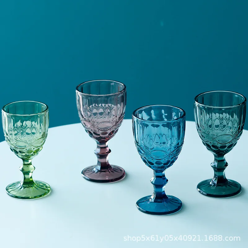 Vintage Embossed Solid Color Goblet Amber Green Blue Purple Wine Glasses Goblet Stemware Glass Cup Table Decor