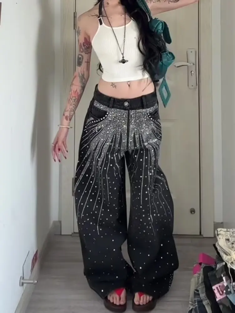Streetwear Rhinestone Sequin Jeans Y2K Clothes Women Harajuku Hip Hop Glitter Retro Baggy Jeans Low Waist Wide Leg Trousers ﻿