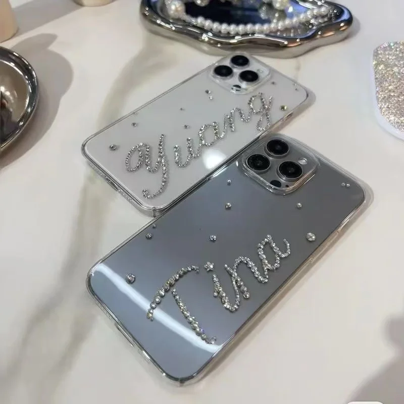 Customized name on phone case with rhinestone inlay, transparent phone protective case pc case