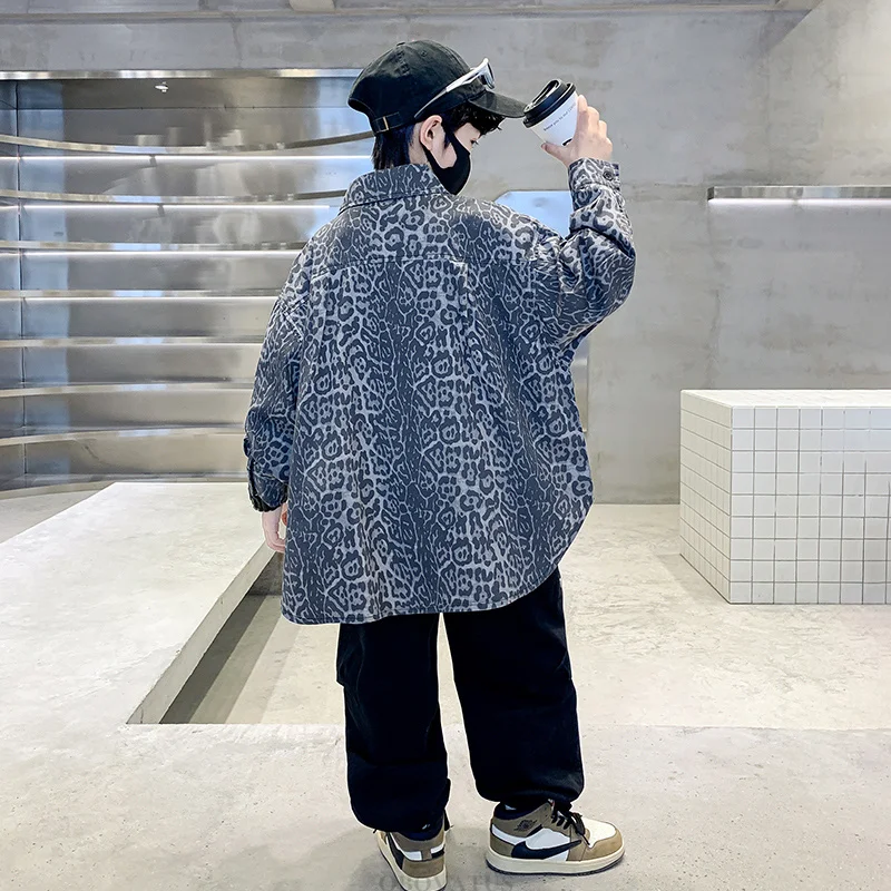 Kids Grey Leopard Print Shirt For Boys High Fashion Outerwear Blouse Age 5 6 7 8 9 10 11 12 13 14 Years Child Spring Clothing