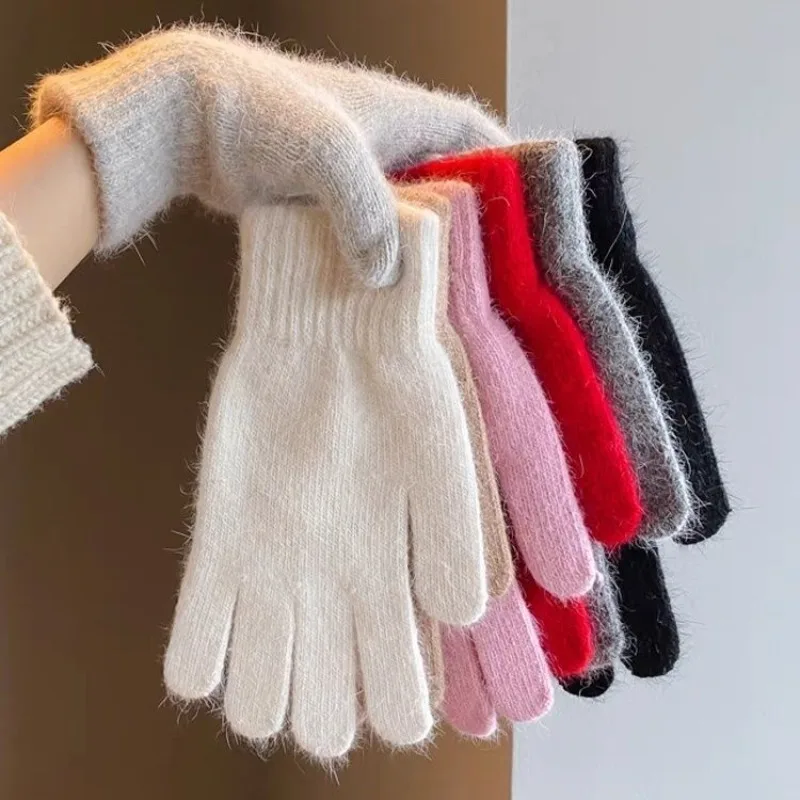 Hochwertige Winter-Handschuhe aus Kaninchenfell, warm, gestrickt, mit fünf Fingers Touchscreen-Funktion, koreanischer Stil, einfarbig, vielseitig, kältebeständig.