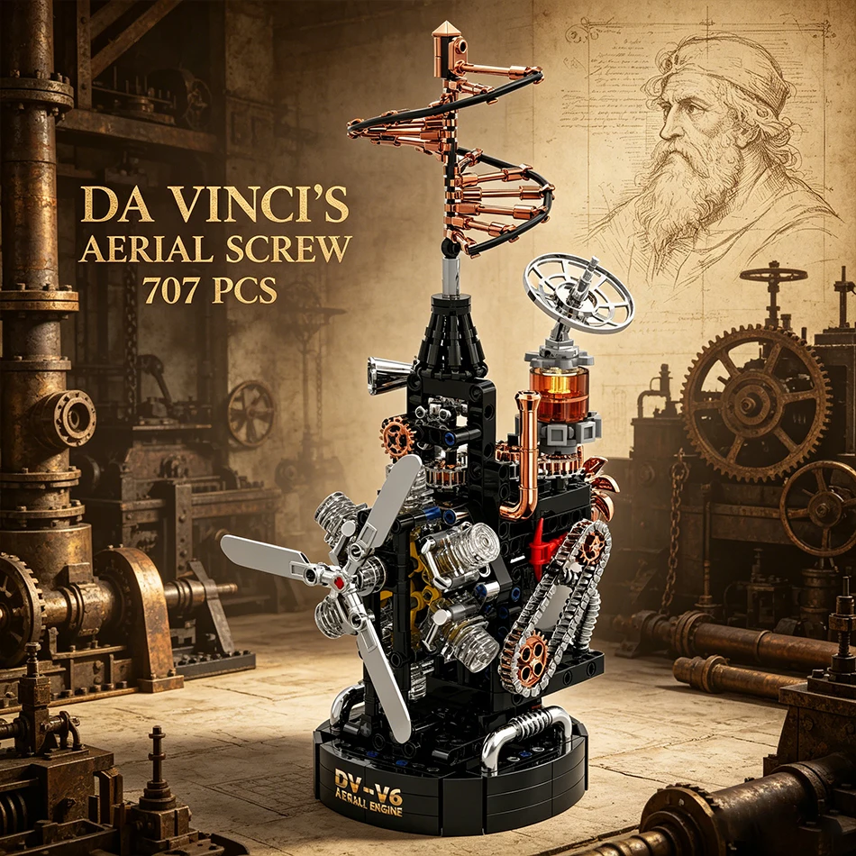 

707 PCS Da Vinci Aerial Screw Flying Machine Model Building Blocks Mechanical Leonardo Helicopter Engine Bricks Toys Adults Gift