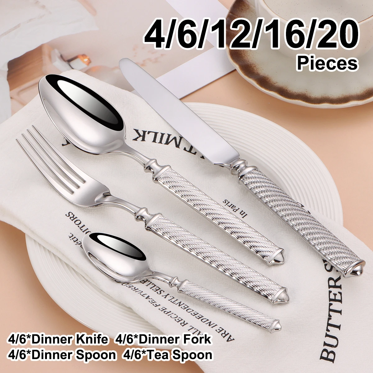 4/6/12/16/20-teiliges Silbernes Besteck-Set aus Edelstahl mit Spiegelglanz und Doppelseitigem Muster am Griff, Gabel, Spiegelglanz Western Gold Dinner-Set