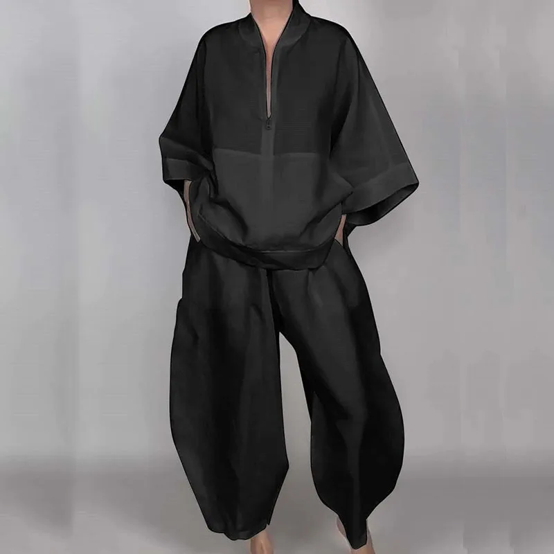 Pullover sexy con mezza cerniera e maniche lunghe con scollo a V e pantaloni lunghi Completi da donna larghi da 2 pezzi con tasca alla moda, set